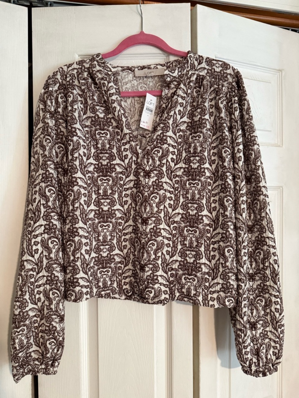 LOFT Cream and Brown Printed V-Neck Long Sleeve Top NWT